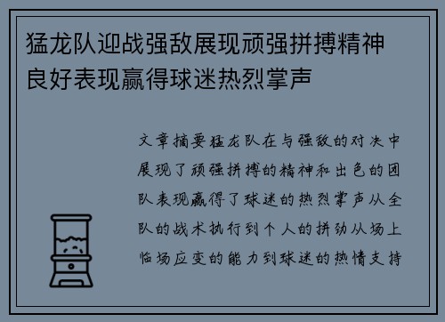 猛龙队迎战强敌展现顽强拼搏精神  良好表现赢得球迷热烈掌声