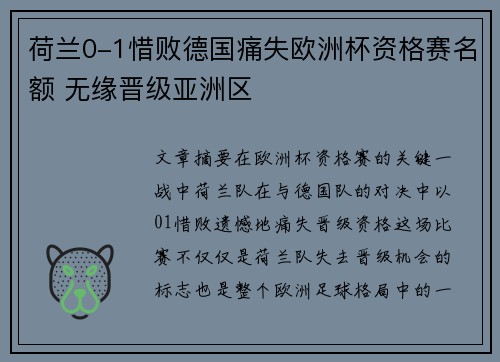 荷兰0-1惜败德国痛失欧洲杯资格赛名额 无缘晋级亚洲区
