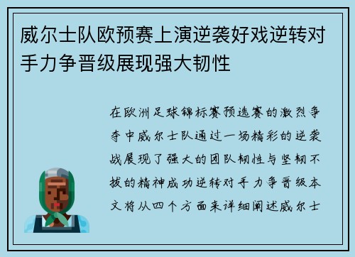 威尔士队欧预赛上演逆袭好戏逆转对手力争晋级展现强大韧性
