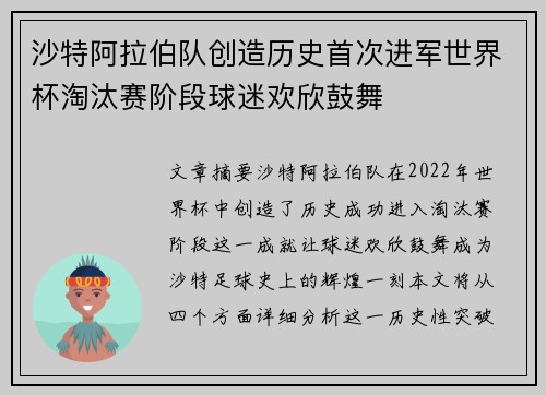 沙特阿拉伯队创造历史首次进军世界杯淘汰赛阶段球迷欢欣鼓舞